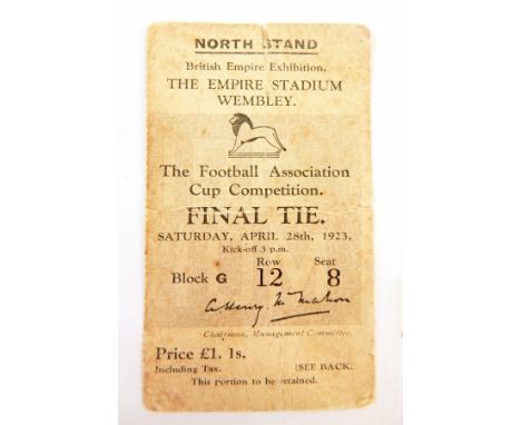 1923 FA Cup final ticket, Saturday April 28th 1923, North Stand, block G, row 12, seat 8, priced £1.1s.  This was the first C