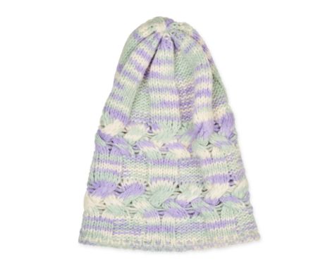 NO RESERVE MISSONI KNITTED BEANIECondition grade A-.Purple, white and green knit. Made in Italy. 65% Alpaca, 10% wool, 25% ny