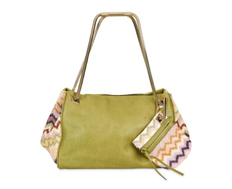 NO RESERVE MISSONI LEATHER AND CANVAS SHOULDER BAGCondition grade B.Green leather exterior with multicolour zigzag canvas sid