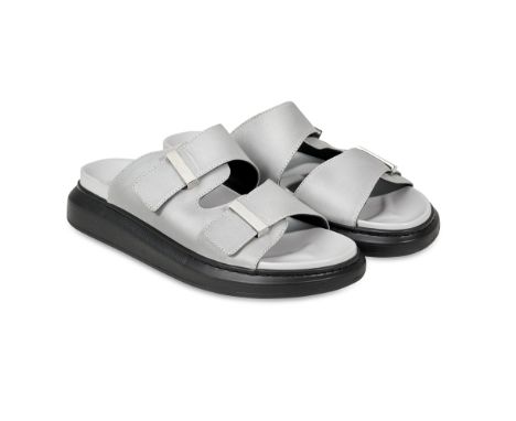 NO RESERVE ALEXANDER MCQUEEN GREY DOUBLE BUCKLE SANDALSCondition grade A.Grey shiny fabric with black rubber base and double 