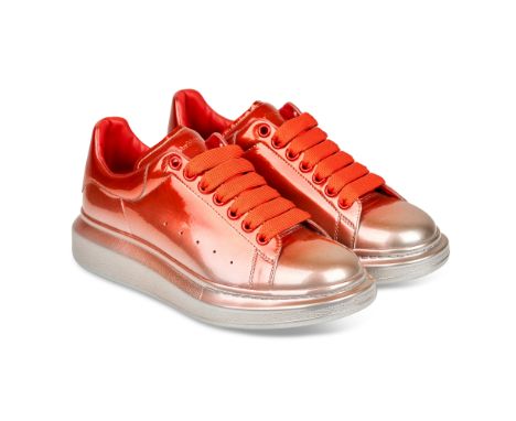 NO RESERVE ALEXANDER MCQUEEN MENS PATENT LEATHER PLATFORM SNEAKERSCondition grade B+.Red and silver metallic leather with red