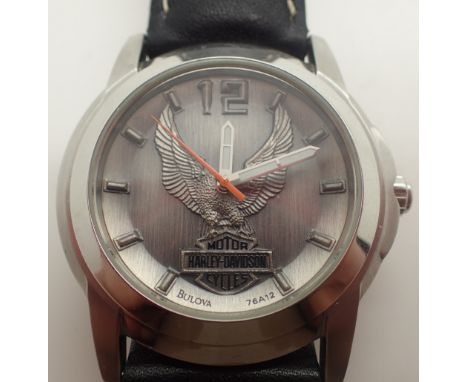 Gents limited edition Bulova watch with Harley Davidson logo and black strap  CONDITION REPORT: Appears to be old stock. This