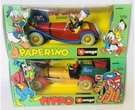 Burago 1:18 scale pair of Walt Disney Donald Duck paperino and Goofy Pippo c1983 die cast model cars mint in near mint boxes