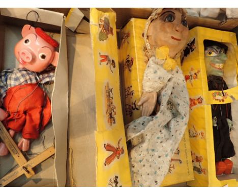 Boxed Pelham puppets Perky Cat Wicked Witch and hand puppet by Anna Marita   CONDITION REPORT:  Witch has minor staining and 
