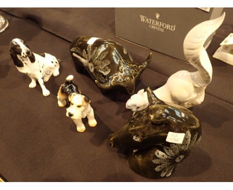 Ceramic figurines squirrel bull horse head and two dogs ( Coalport and Goebel ) 