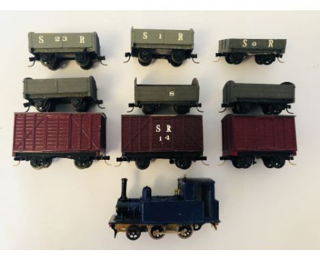 Kit built HOe/HOn30 scale brass white metal 0-6-0 narrow gauge locomotive and assorted goods wagons fitted with Kadee knuckle