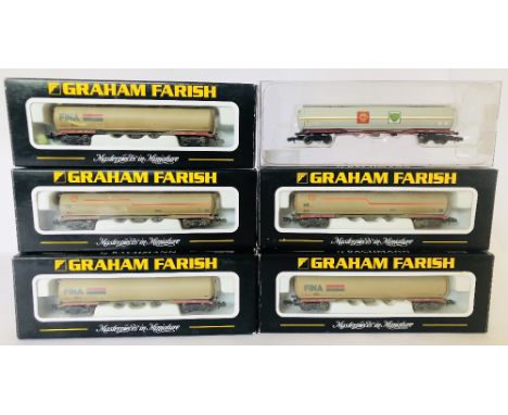 Graham Farish N gauge rake of six 100 ton bogie petrol tanker wagons in Shell BP and Fina liveries all boxed