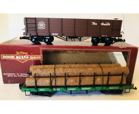 Bachmann G scale Big Haulers pair of goods freight wagons including lumbar wagon and Rio Grande wagon CONDITION REPORT: Lumba