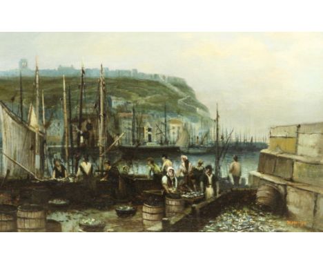 Walter Lindsey Meegan (British c1860-1944): Scotch Fisher Girls on the West Pier Scarborough Harbour, oil on canvas signed 29