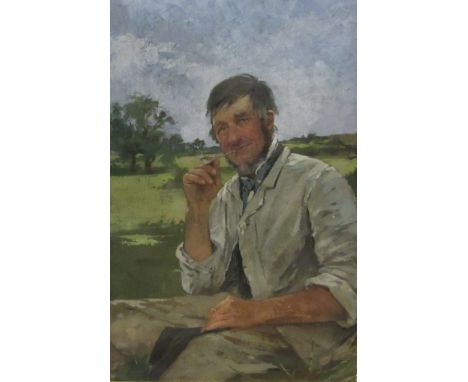 Circle of Sir George Clausen (British 1852-1944): Farm Worker Smoking a Pipe, oil on mahogany panel 34cm x 22cm   Condition R
