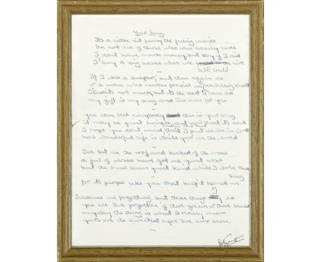 THE ORIGINAL HANDWRITTEN LYRICS TO ELTON JOHN'S 'YOUR SONG' with 'The Songs of Elton John and Bernie Taupin' book of sheet mu
