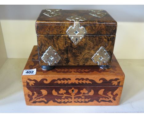 A 19th century marquetry inlaid rosewood jewellery box and a faux walnut tea caddy