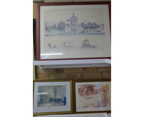 Two Russell Flint modern prints - 34cm x 46cm and an architectural print - 50cm x 70cm