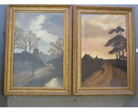 A pair of framed oil on canvas landscapes , figure to fore buildings behind -  59cm x 39cm  signed M. Cander and dated 1963 a