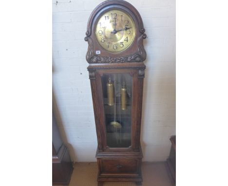 An early 20th century oak longcase clock with a 30cm diameter brass dial and double weight eight day chiming movement - Heigh