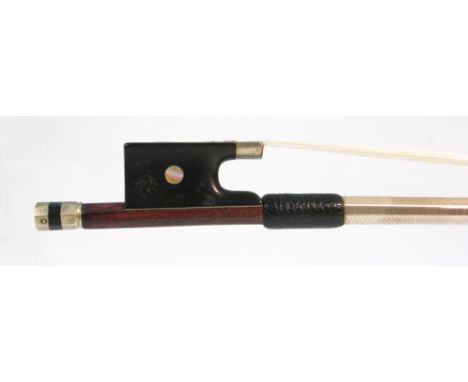 French nickel mounted violin bow of the Martin School, stamped J. Martin, the stick round, the ebony frog inlaid with pearl e