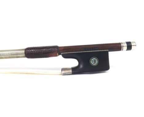 German silver mounted violin bow probably by Bausch and stamped Kittel, the stick octagonal, the ebony frog inlaid with silve