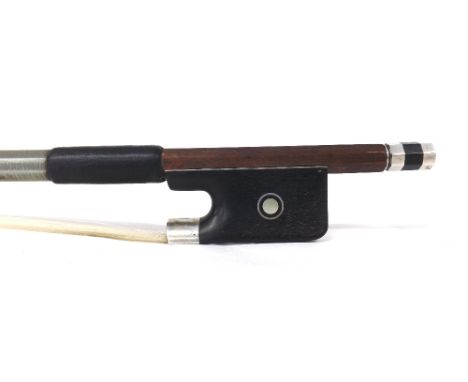 Silver mounted violoncello bow circa 1930, unstamped, the stick octagonal, the ebony frog inlaid with silver rings enclosing 