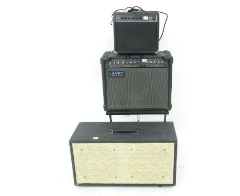 Vintage twin speaker guitar amplifier cabinet; together with a Laney Linebacker 50 reverb guitar amplifier upon a trolley and