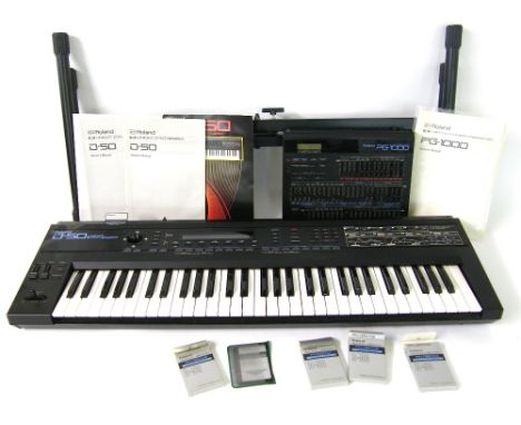 Roland D-50 linear synthesizer, made in Japan, ser. no. GB53680; together with various Roland Sound library patch data roms, 