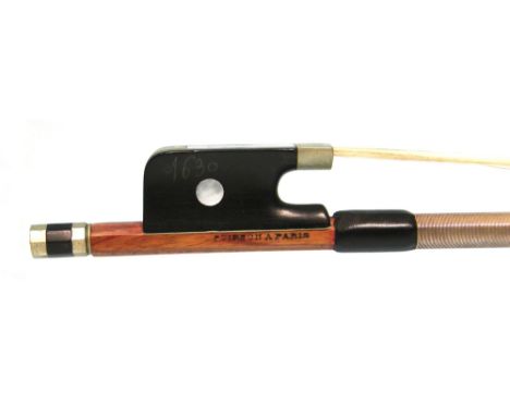 French nickel mounted violoncello bow by J. Poirson and stamped Poirson a Paris, the stick round, the ebony frog inlaid with 