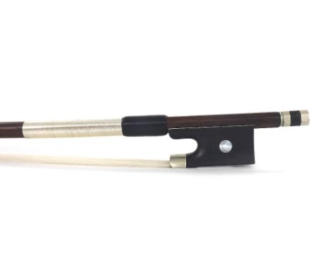 French nickel mounted viola bow by and stamped Paul Mangenot, the stick round, the ebony frog inlaid with pearl eyes and the 