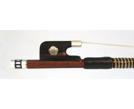 English viola bow by and stamped H. Byrom, Canterbury, the stick octagonal, the ebony frog inlaid with Tudor roses and the eb