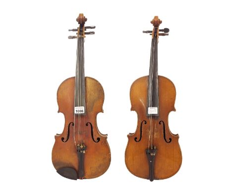 French JTL violin, 14 1/8", 35.90cm; also a German Stradivarius copy violin, 14 3/16", 36cm (a.f) (2)