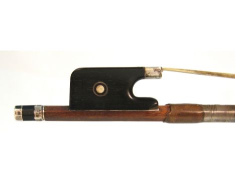 German silver mounted violoncello bow stamped Bausch, the stick round, the ebony frog inlaid with silver rings enclosing pear