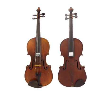 French Stradivarius copy violin, 14 1/8", 35.90cm; also a German violin circa 1900, 14 1/8", 35.90cm (2)