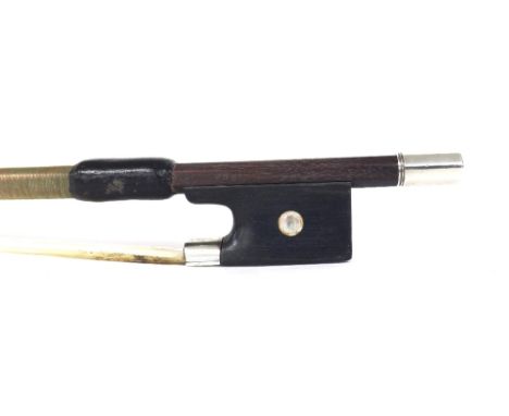 Fine and rare English silver mounted viola bow by and stamped Jas Tubbs, the stick round, the ebony frog inlaid with pearl ey