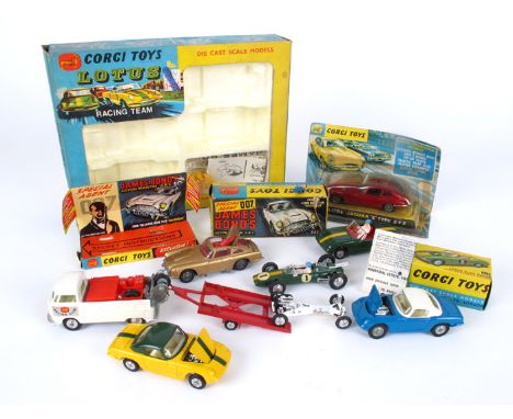 Corgi Toys James Bond Aston Martin, Jaguar E-Type, Lotus Elan and the Lotus Racing Team gift set. Corgi Toys, Gift Set 37, Lo