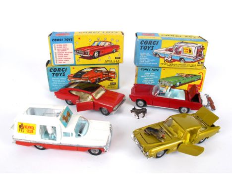 Corgi Toys, four models of 1960s American cars. Corgi Toys 486 Chevrolet Impala Kennel Service Wagon, complete with four dogs