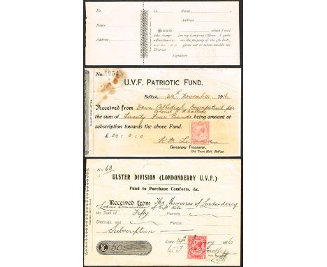 1916 Ulster Volunteer Force receipts. Three receipts: a receipt for a donation of £24:0:0 to the UVF Patriotic Fund from 'Dow