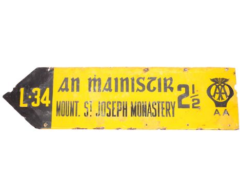 1950s Automobile Association yellow enamel roadsign for Mount St. Joseph Monastery. A two-sided, yellow enamel rectangular di