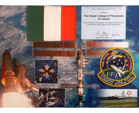 Space flown Irish flag and crew patch. An Irist tricolour amd a shoulder patch flown on the Space Shuttle 'Endevour' 5-17 Dec