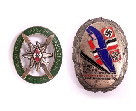 1935-1936 German Third Reich, Hitler Youth & SA/SS ski badges. A Hitler Youth ski badge, oval two-piece enamel badge, crossed
