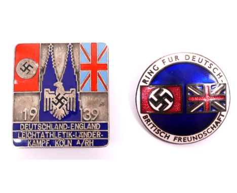 1939 German Third Reich, Germany - England Athletics Contest and friendship badges. A white metal and enamel rectangular badg