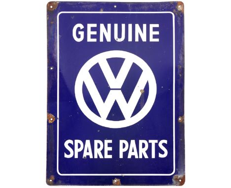 1960s Advertising Sign, Genuine VW Spare Parts. A blue and white enamel rectangular sign, the navy blue background centred by