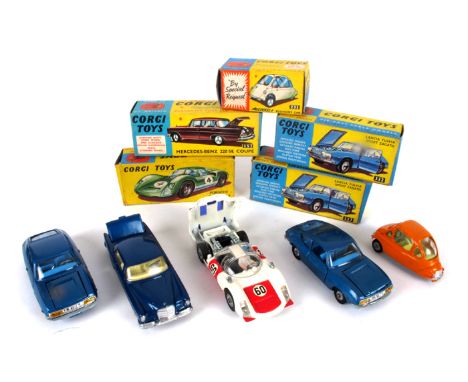 Corgi 1960s five boxed model European cars. Corgi Toys 253, Mercedes-Benz 220SE Coupe, blue, in mint condition, in very fine 