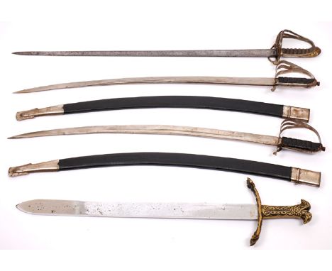 A William IV 1821-pattern Light Cavalry sword and three decorative swords. The royal cypher in the hilt replaced by an Oglaig