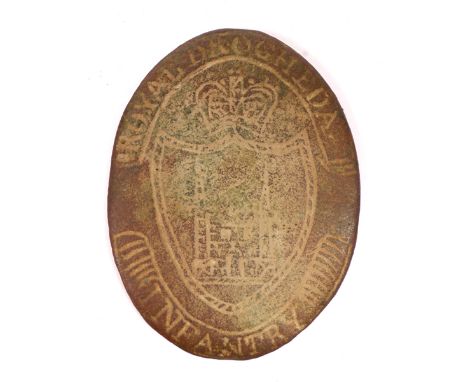 Late 18th century Royal Drogheda Rifles cross belt plate. A small oval brass cross belt plate centred by the arms of Drogheda