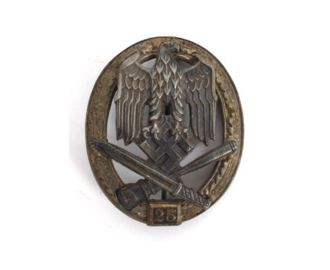1939-1945 German Third Reich, Wehrmacht General Assault badge, 25 engagements. Comprising a national eagle and swastika emble