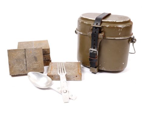1939-1945 German Third Reich, Wehrmacht soldier's field mess equipment A canteen with leather strap, the strap stamped with m