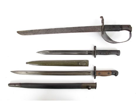 1858 pattern British Navel cutlass bayonet and two Lee Enfield bayonets. (3) The cutlass bayonet with leather grips and 17 in