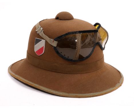 1939-1945 German Third Reich Deutsche Afrika Korps double badged pith helmet and goggles. First type, with alloy badges, size