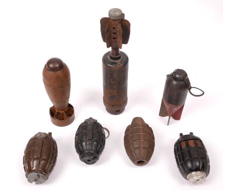 1939-1945 World War II, inert ordnance collection. (7) An WWII British army two-inch mortar round; an Russian cluster round; 