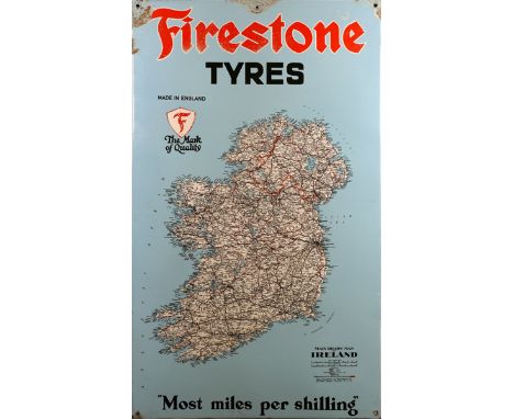 1960s Advertising road-map of Ireland, Firestone Tyres. A large rectangular enamel sign, 'Firestone Tyres' above a map of Ire