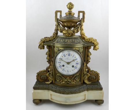 A late 19th century French gilt metal and white marble mantel clock, the dial signed Lepine, Paris, the case cast with leaves