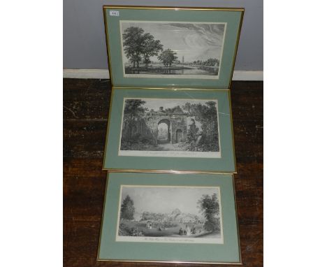 Three late 19th/ early 20th century engravings of Kew Gardens, L: 44cm, W: 56cm, together with a coloured engraving of a trac
